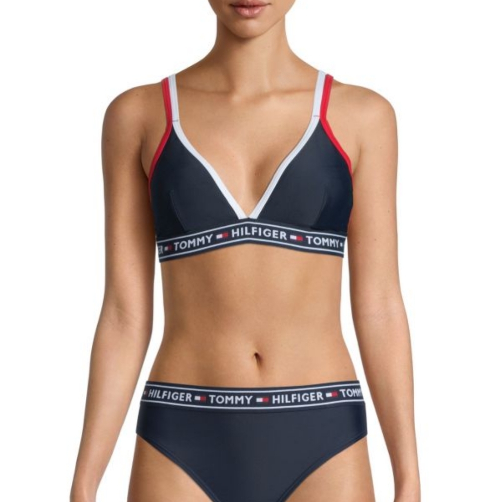 Tommy Hilfiger Double-Strap Triangle Logo Bikini Top Size Small | NWT | Navy